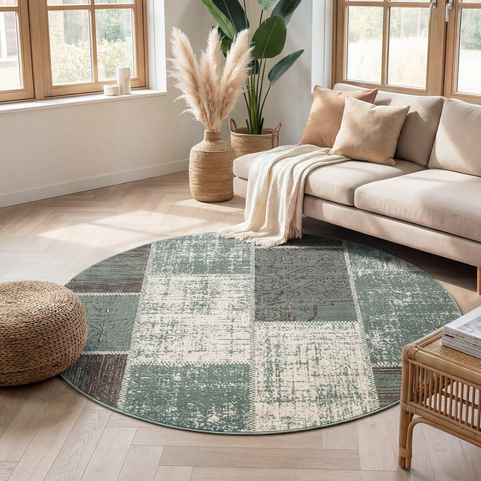 Round Patchwork Rug - Spring Green/Grey
