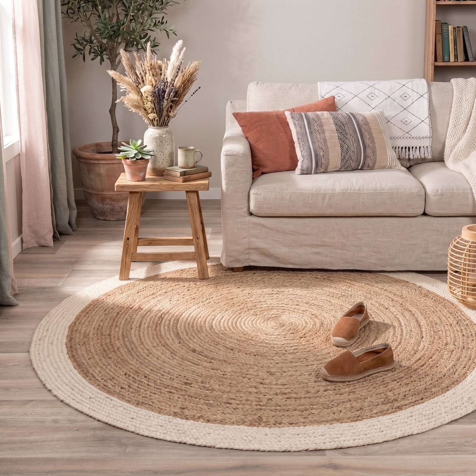 Tapis en jute - Fair Rond Naturel/Blanc