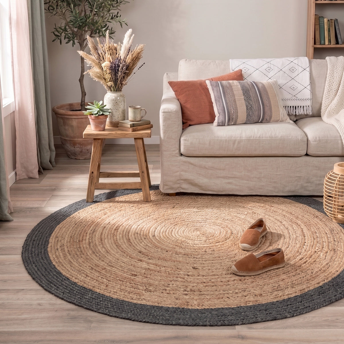 Tapis en jute - Fair Rond Naturel/Noir