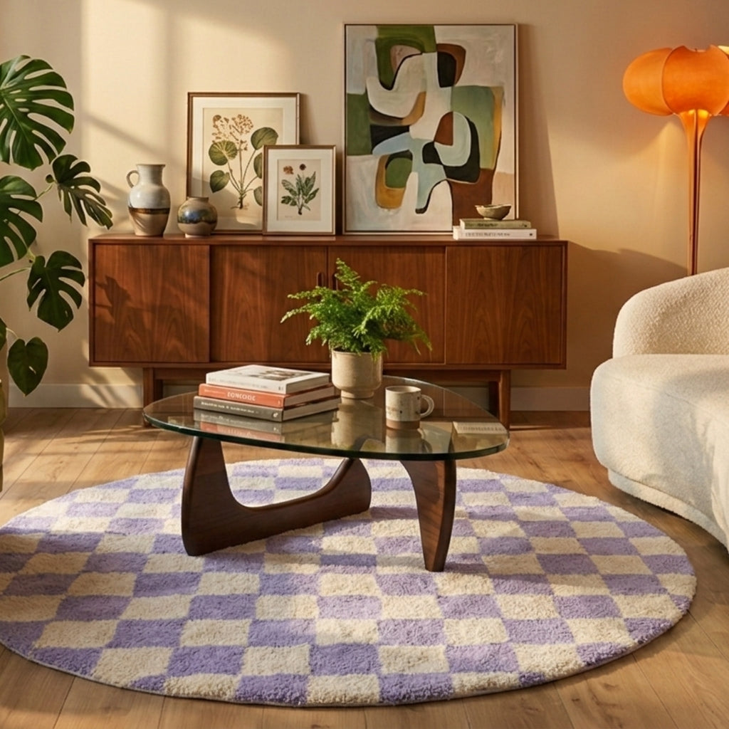 Tapis rétro rond - Gambit Lilas/Blanc